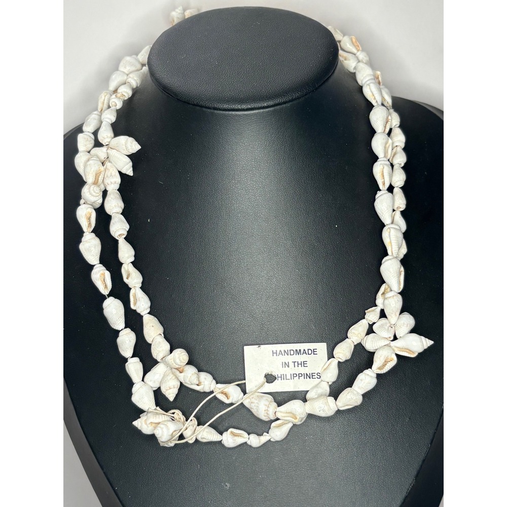 Vintage 1970s Handmade Philippines White Shell Necklace 36 Inch Boho Coastal